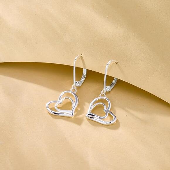 14K Gold Plated Heart Dangle Earrings Drop Leverback Earring for Trendy Women - Picture 2 of 5